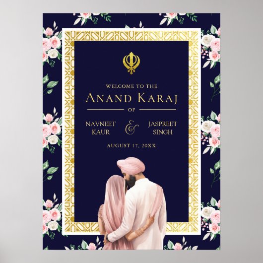 Roze Blauw Goud Anand Karaj Bruiloft Welkomstbord Poster (Voorkant)