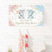 Roze Blauw Goud Bloemen Olifant Twins Baby shower Spandoek (Insitu)