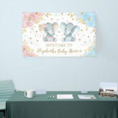 Roze Blauw Goud Bloemen Olifant Twins Baby shower Spandoek (Beurs)