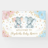 Roze Blauw Goud Bloemen Olifant Twins Baby shower Spandoek (Horizontaal)