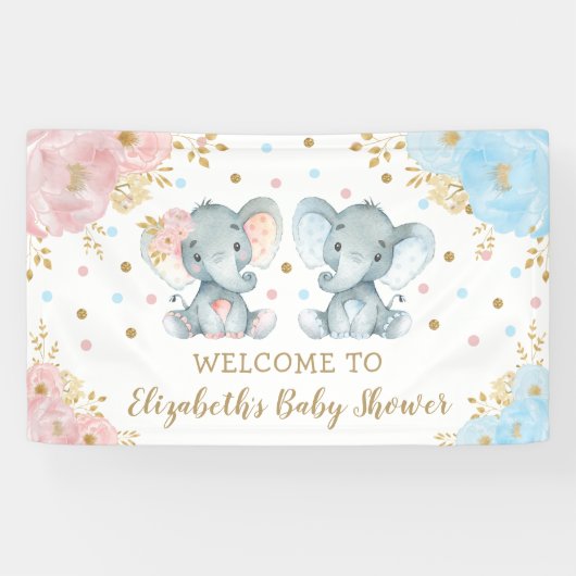 Roze Blauw Goud Bloemen Olifant Twins Baby shower Spandoek (Horizontaal)