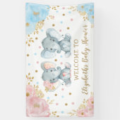 Roze Blauw Goud Bloemen Olifant Twins Baby shower Spandoek (Verticaal)