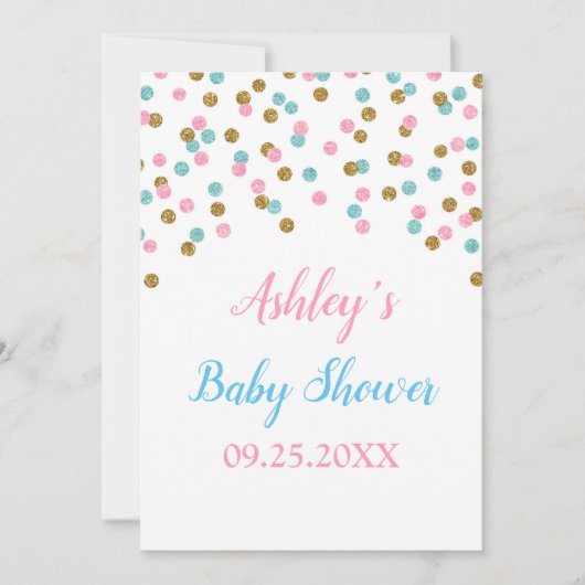 Roze Blauw Goud Confetti Genderneutraal Baby showe Kaart (Voorkant)