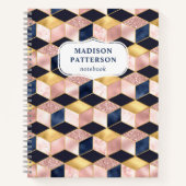 Roze Blauw Goud Geometrische Glitter Patroon Naam Notitieboek (Voorkant)