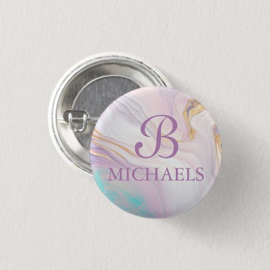 Roze Blauw Goud Marmer Monogram Gepersonaliseerde  Ronde Button 3,2 Cm (Voorkant /achterkant)