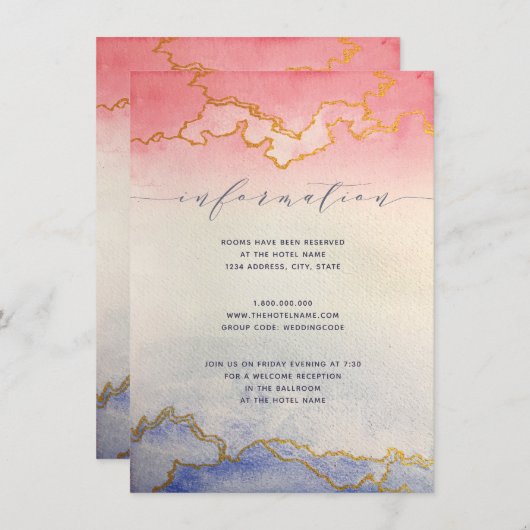 Roze Blauw Goud Waterverf Wash | Informatie Kaart (Voorkant / Achterkant)