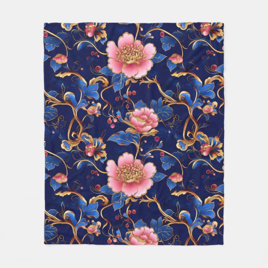  roze blauw gouden bloemen fleece deken (Voorkant)