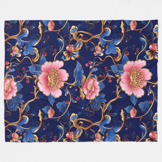  roze blauw gouden bloemen fleece deken (Voorkant (Horizontaal))