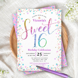 Roze Blauw Gouden Glitter Confetti Sweet 16 Verjaa Kaart