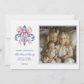 Roze & Blauw Grandmillennial Damask Ornament Foto Kaart (Voorkant)