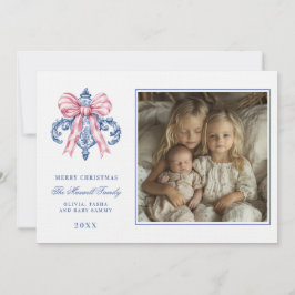 Roze & Blauw Grandmillennial Damask Ornament Foto Kaart