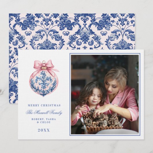 Roze & Blauw Grandmillennial Damask Ornament Foto Kaart (Voorkant / Achterkant)