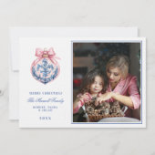 Roze & Blauw Grandmillennial Damask Ornament Foto Kaart (Voorkant)