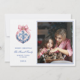 Roze & Blauw Grandmillennial Damask Ornament Foto Kaart