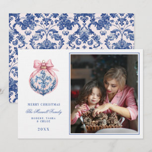 Roze & Blauw Grandmillennial Damask Ornament Foto Kaart