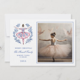 Roze & Blauw Grandmillennial Damask Ornament Foto Kaart