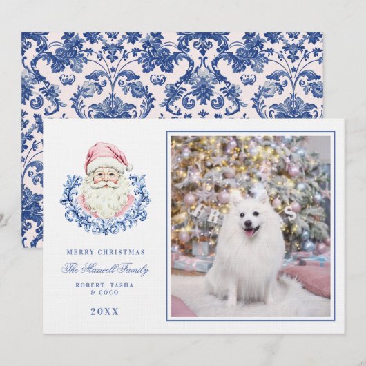 Roze & Blauw Grandmillennial Damask Santa W / Foto Kaart (Voorkant / Achterkant)