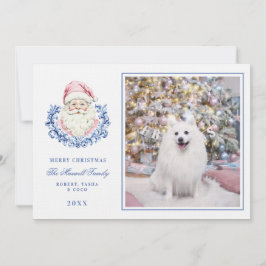 Roze & Blauw Grandmillennial Damask Santa W / Foto Kaart