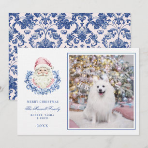 Roze & Blauw Grandmillennial Damask Santa W / Foto Kaart