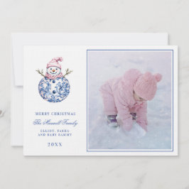 Roze & Blauw Grandmillennial Damask Snowman Foto Kaart