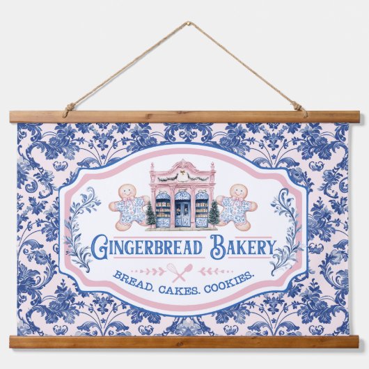 Roze & Blauw Grandmillennial Gingerbread Bakery Hangend Wandkleed (Voorkant)