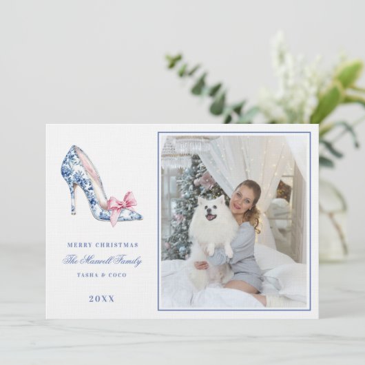 Roze & Blauw Grandmillennial High Heel Kerstmis Kaart (Staand voorkant)