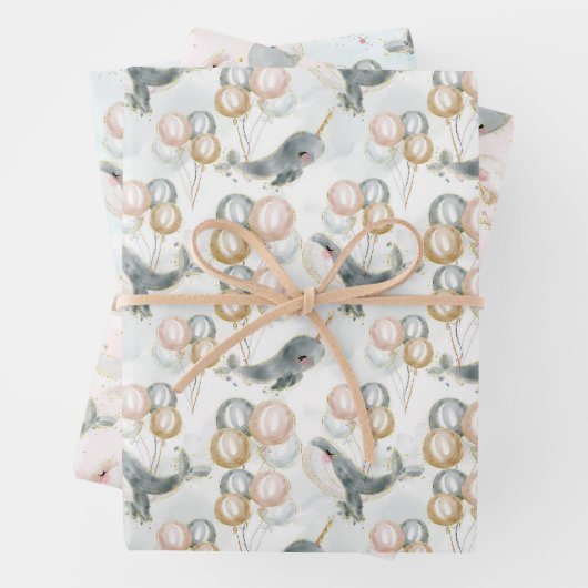 Roze Blauw Grijs Walvisballon Verjaardag Baby show Inpakpapier Vel (In situ)