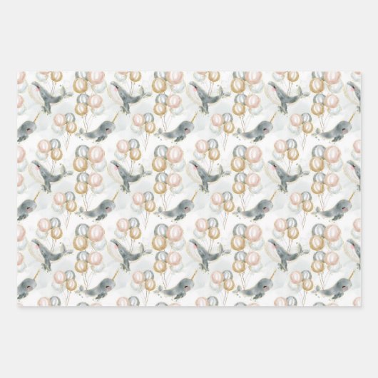 Roze Blauw Grijs Walvisballon Verjaardag Baby show Inpakpapier Vel (Voorkant)