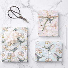 Roze Blauw Grijs Walvisballon Verjaardag Baby show Inpakpapier Vel