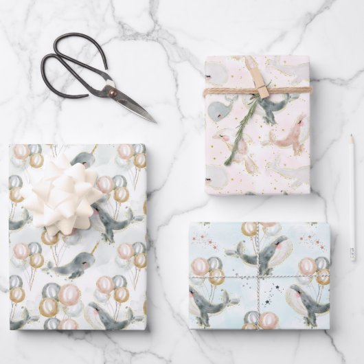 Roze Blauw Grijs Walvisballon Verjaardag Baby show Inpakpapier Vel (Voorkant)