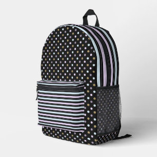 ROZE BLAUW GRIJS ZWART STREPEN & POLKA STIPPEN BEDRUKTE RUGZAK