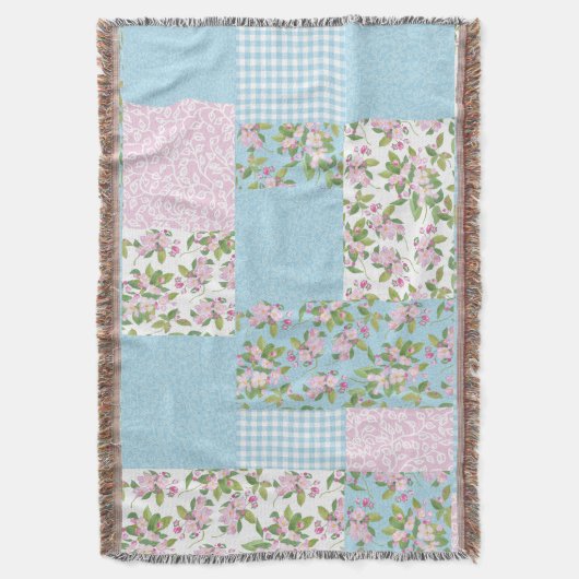 Roze, blauw, groen Apple Blossom Faux Patchwork Deken (Voorkant Verticaal)