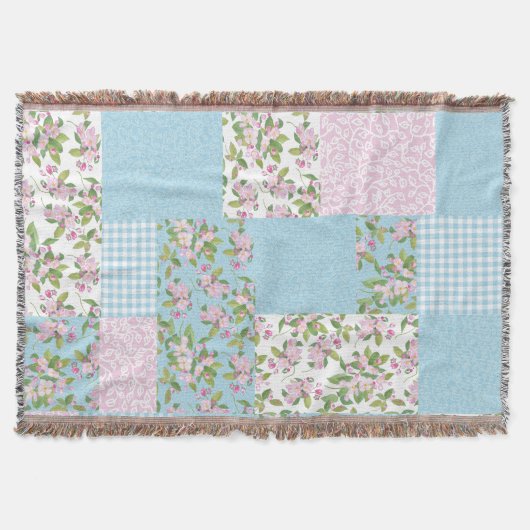 Roze, blauw, groen Apple Blossom Faux Patchwork Deken (Voorkant)
