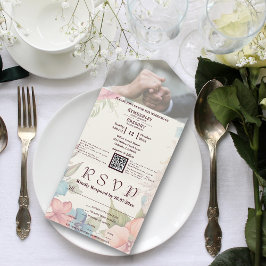 Roze Blauw Groen Bloemen QR Code Foto All In One Uitnodiging