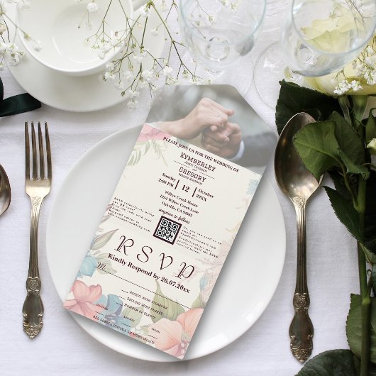 Roze Blauw Groen Bloemen QR Code Foto All In One Uitnodiging