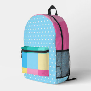 ROZE BLAUW GROEN GEEL BLOKJES & POLKA STIPPEN BEDRUKTE RUGZAK