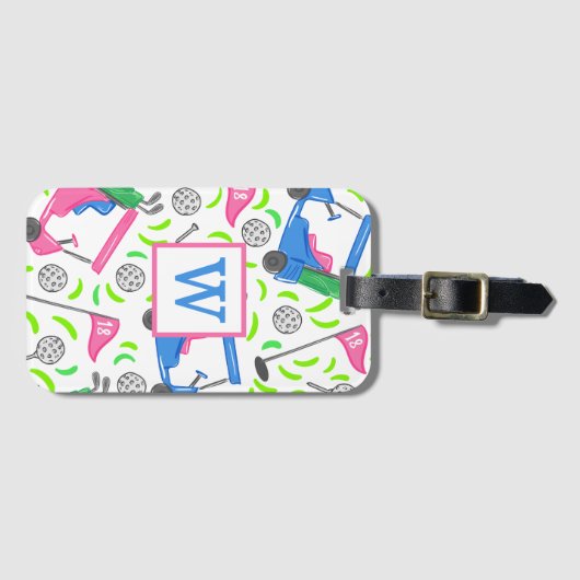 Roze Blauw Groen Golf Preppy Initiaal Bagagelabel (Voorkant (horizontaal))