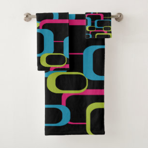 Roze Blauw Groen Neon Retro Squares Zwart Patroon Bad Handdoek