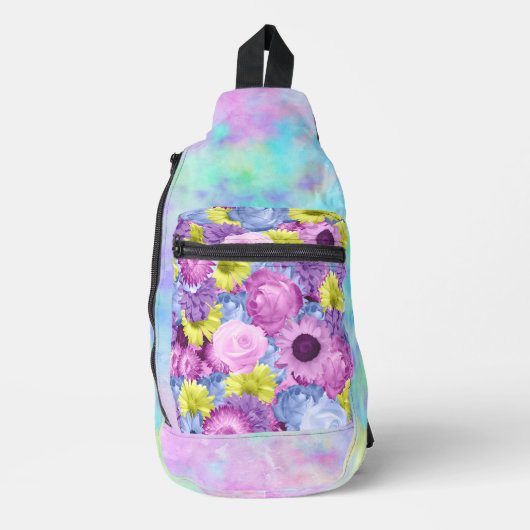 ROZE BLAUW GROEN PAARSE BLOEMEN EN OMBRE SLING BAG (Voorkant)