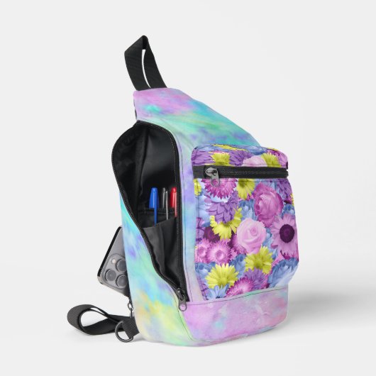 ROZE BLAUW GROEN PAARSE BLOEMEN EN OMBRE SLING BAG (Open)