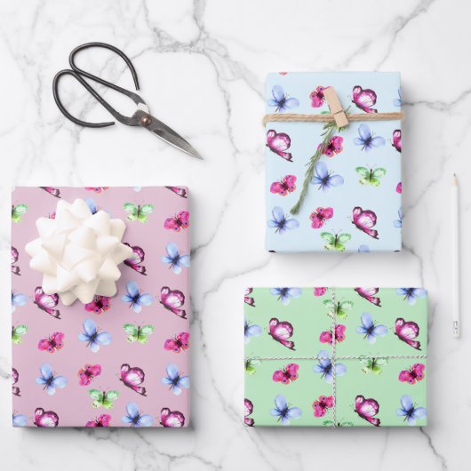 Roze Blauw Groen Vlinder Baby shower Verjaardag Inpakpapier Vel (Voorkant)