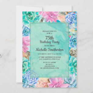 Roze Blauw Groene Bloemige Succulenten 75e Verjaar Kaart