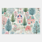 roze blauw groene dorpsbomen inpakpapier vel (Voorkant 3)