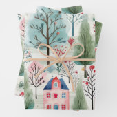  roze blauw groene dorpsbomen inpakpapier vel (In situ)