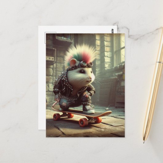 Roze Blauw Haar Punk Rock Skateboarding Hamster Briefkaart (Voorkant / Achterkant in situ)