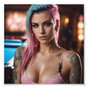 Roze Blauw Haar Punk Tattoo Meisje Zwembad Bar Foto Afdruk