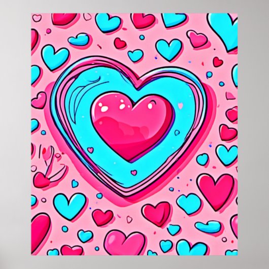 Roze Blauw Hart Patroon Poster (Voorkant)