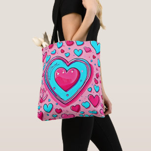 Roze blauw hartpatroon tote bag