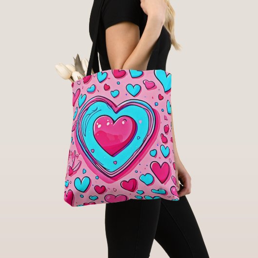 Roze blauw hartpatroon tote bag (Dichtbij)