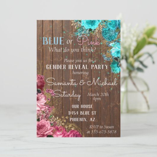 Roze Blauw hout Hout Shabby Chic Gender onthulling Kaart (Staand voorkant)